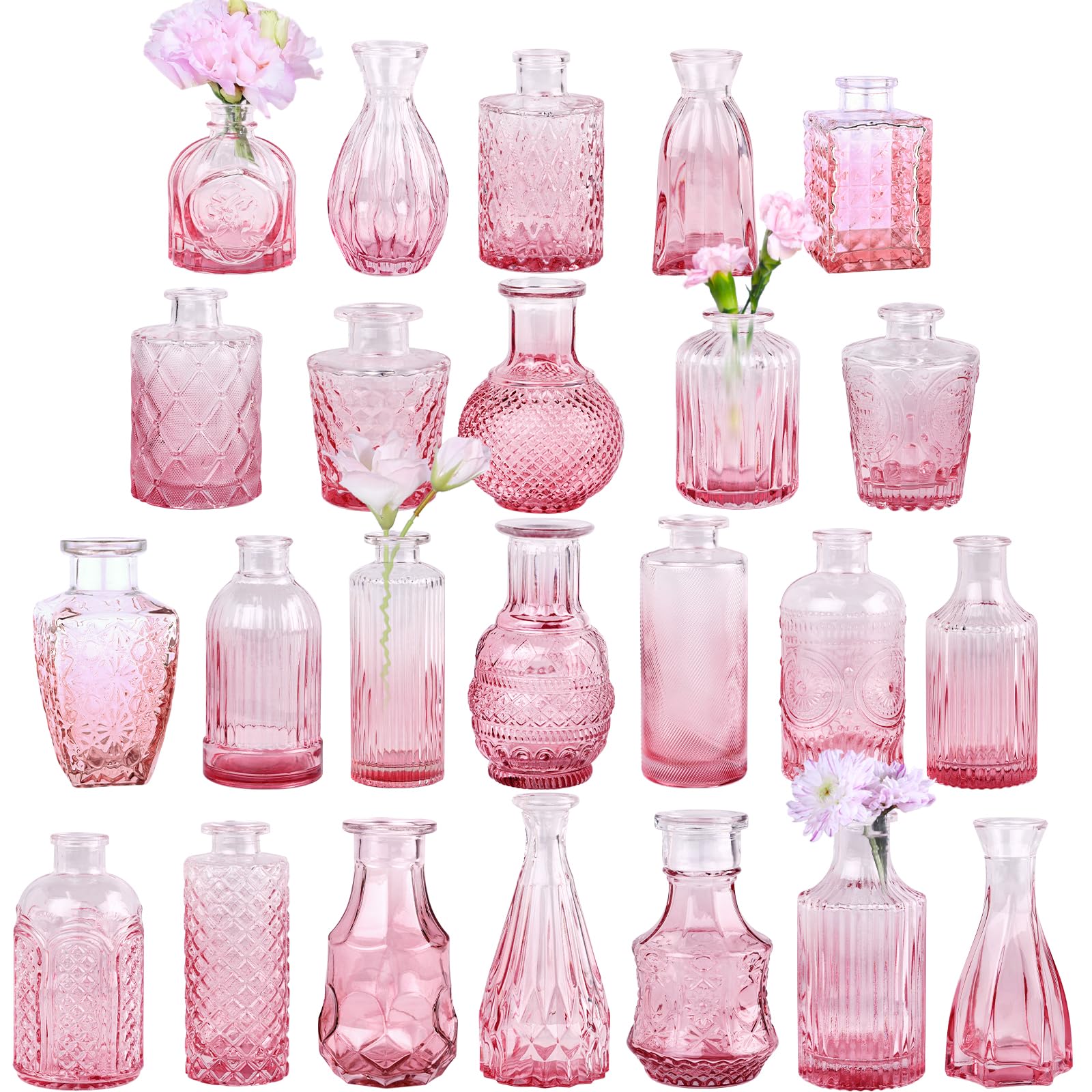 TBWIND Pink Glass Bud Vase Set of 24, Small Flower Vases for Centerpieces in Bulk, Mini Vintage Vase for Wedding Decor, and Home Table Décor